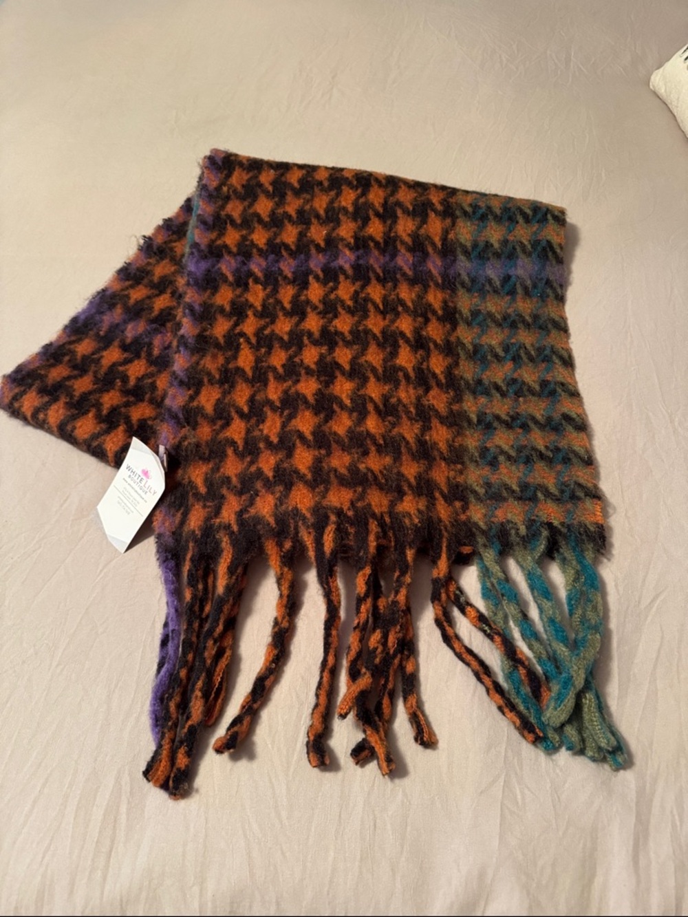 Cozy Multicolor Houndstooth Fringe Scarf - Orange, Purple & Teal